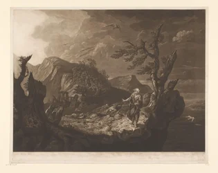 崖の端に吟遊詩人がいる嵐の風景