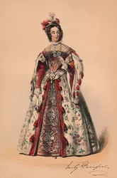 1842年、1843年5月12日、ビクトリア女王バルコスチュームの衣装を着たビューフォートのエミリー公爵夫人。