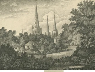 リッチフィールド大聖堂-ノースイーストビュー：ペンとインクの描画、1835