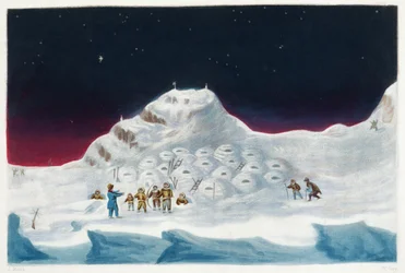ウィリアムセイ（1768-1834）によって彫刻されたジョンロス卿（1777-1836）による「北西航路を求めての2番目の航海の物語（1829-33）」からのブースのスノーコテージ、ノースヘンドン