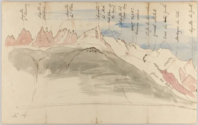 シャモニー近郊から見たモンブラン山群（表面）、シャモニー上方のタピアから見たモンブラン山群の素描、ジュネーヴから見た景色およびドールから見た景色（裏面）