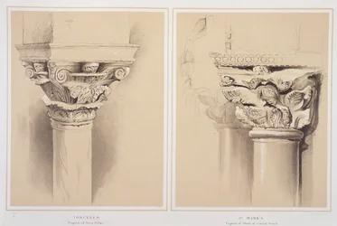 1851年にG.ローゼンタールによって彫刻されたジョンラスキンによる「ヴェネツィアの建築の例」からの中央ポーチからの首都である身廊柱とセントマークの首都トルチェッロ
