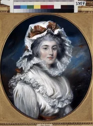 帽子をかぶった若い女性の肖像 (帽子をかぶった少女の肖像)。 ジョン ラッセル (1745-1806) によるデッサン。 紙にパステル、18世紀後半。 18世紀イギリスの芸術。 エルミタージュ美術館、サンクトペテルブルク。