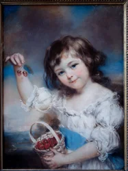 さくらんぼの籠にいる少女の肖像。ジョン・ラッセル（1745-1806）の絵画、19世紀