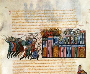 要塞を攻撃する、「Synopsis historiarum」のミニチュア、c.1126-1150