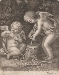 Cupidos experimentando um arco