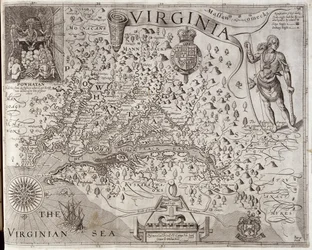 バージニア地図、ジョン・スミス船長が1606年に発見し記述、ウィリアム・ホール（1607-24年活動）による版画、1612年出版