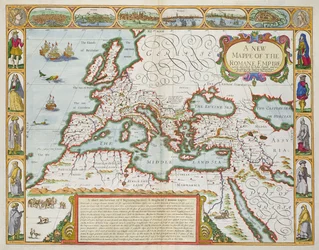 「世界の最も有名な部分の展望」からのローマ帝国の新しい地図、パブ。バセットウントチスウェル作、1676年（手彩色の版画）