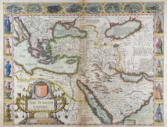 「世界の最も有名な部分の展望」からのトルコ帝国、ジョージ・ハンブルのためにジョン・ドーソンによって印刷された、1627年（手彩色の彫刻）