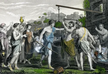 羊飼いたちからミディアンの祭司の娘たちを守る井戸でのモーセ