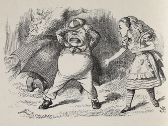 怒っている Tweedledum と Tweedledee を隠しているアリス。