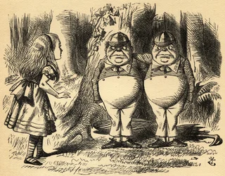 Alice with Tweedledum and Tweedledee.イラスト：Sir John Tenniel