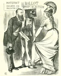 ヒュー・チルダース（1827-1896）イギリスの国会議員、新しい投票箱の成功をブリタニアに伝える。ジョン・テニエルの漫画（1872年8月24日、ロンドンの「パンチ」より