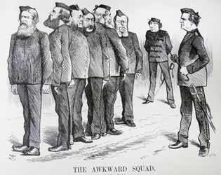 The awkward squad.ジョン・テニエルの漫画。露土戦争の方針について、内閣内で意見が分かれていたディズレーリの苦悩