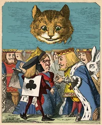 議論を交わしているレッドキングとクイーンを見下ろすチェシャ猫、1889年