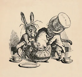 マッドハッターとマーチはヤマネを急須に入れようとしていた1889年