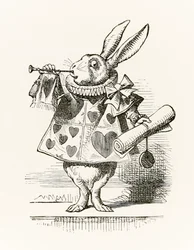 1865年に出版されたLewis Carrollの「不思議の国のアリス」より、告発を告げるラッパと巻物を持った白ウサギ。