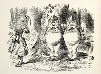 トゥウィードルダムとトゥウィードルディー、挿絵からのイラスト、ルイス・キャロル（1832-98）、1872