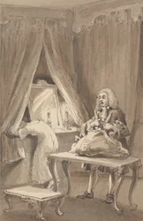 Hogarth, depois que sua esposa vestiu uma nova camisa de noite, amarrou suas coisas para enviar a Sir James Thornhill com uma carta na qual ele lhe disse: 