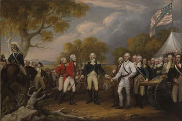 1777年10月17日、ホラティオゲイツ、サラトガの戦い、ジョンバーゴイン将軍がアメリカ将軍に降伏