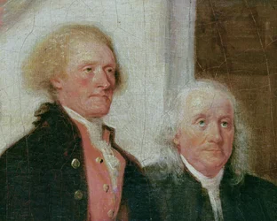 1776年6月28日、独立宣言の起草、トーマスジェファーソン（1743-1826）およびベンジャミンフランクリン（1706-90）c.1817（702745の詳細）の詳細