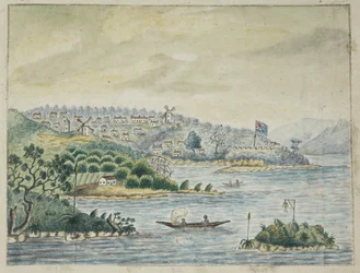 追加。 13880、f.79 イギリスの植民地の眺め。 前景、カヌーに乗った原住民、ジョン ワシントン プライス画、アイルランドからニュー サウス ウェールズおよびベンガルまで、ミネルバ輸送船に搭載されていたジャーナルから
