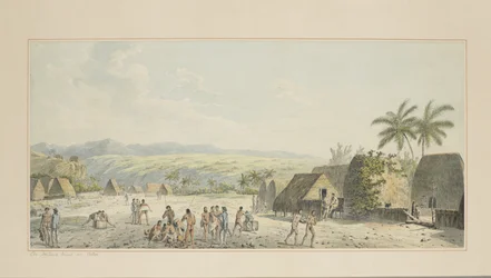 19：Atooiの内陸ビュー、キャプテンクックの最後の航海を描いた一連の水彩画c.1773-84