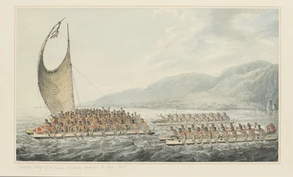 35: キャプテン・クックにプレゼントを持っていくオワイヒー族の王テレオブー（キャプテン・クックの最後の航海を描いた一連の水彩画より）、1773-84年頃（紙に水彩画