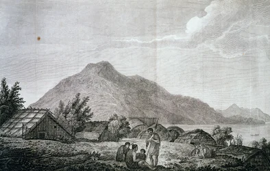 ジェームス・クック(1776-1779)の最後の航海の記録にあるジョン・ウェバー(1750-1793)の絵を元にしたモツアラ島のヒップパの中。