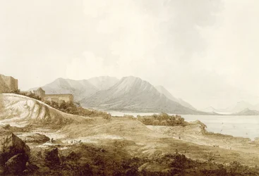 「南の海の景色」パブのルシアードを書いたカモーエンの邸宅を含むマカオの景色。 1788
