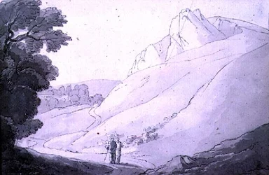 2人の人物が描かれた丘陵の風景（ペン、インク、水彩）