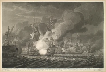 1797年2月14日、セントビンセント岬沖で、15隻の帆船とフリゲートからなる英国艦隊によって繰り広げられた勇敢な戦いの様子を、閣下指揮下のセントビンセント伯爵、士官、乗組員、そしてグランド・フリゲートとともにご覧ください。