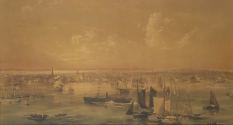 イーストリバーのニューヨーク、1852年（ウォッシュ、ガッシュ、グラファイト）