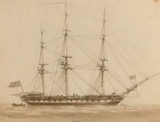 彼女の錨に乗っているイギリスのフリゲート艦