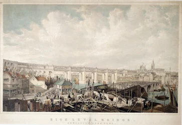 ハイレベルブリッジ、ニューカッスルアポンタイン、ジョージホーキンス（1819-52）による彫刻（手塗りのリソ）