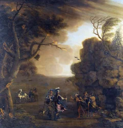 マクベスとバンクォーが三人の魔女と出会う（Macbeth et Banquo rencontrent les trois sorcieres） - par Wootton, John (1686-1765)