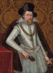 イングランド王ジェームズ1世、スコットランド王ジェームズ6世（1566-1625）の肖像、白いレース襟のダブレット、宝飾のホーズ、毛皮のマントをまとった3/4身像。大ジョージ勲章、宝石付きの黒帽を着け、右手に手袋一対を持つ