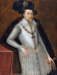 ジャック6世と1世 - ジャック・スチュアート - イングランド王ジェームズ1世（1566-1625）の肖像 par John De Critz (Decritz), the Elder (1551/2-1642), 17世紀初頭 - 木に油彩。