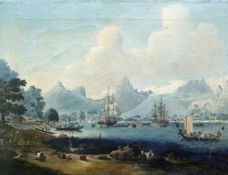 1772年から1773年に画家が参加したジェームズ・クックの探検（1728年から1779年）の際、モーレア（タヒチ）に停泊していたHMS「レゾリューション」と「ディスカバリー」号。