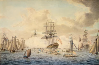 スピットヘッドで艦隊を閲兵するジョージ3世、1773年6月22日、HMS「ロイヤルオーク」が描かれている。
