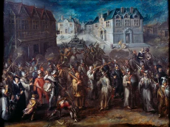 カトリックとプロテスタントの宗教戦争。「1590年または1593年の同盟の行列」。ヨース・ファン・ウィンゲ（1544-1603）による絵画（オランダ