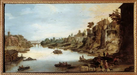 ローマのテベレ川（Tevere）の眺め 左側には高床式の家がある。ジョゼ・モンペール2世（1564-1635）の絵