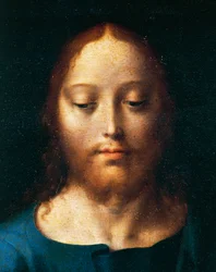 キリストの顔 「最後の晩餐」 沈着の祭壇の詳細 イタリア・ジェノバの小修道会教会の詳細 1520年頃