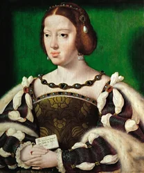 初期ネーデルランド美術：オーストリア女王エレアノール（1498-1558）の肖像 パー・クレーヴ、ヨース・ファン（約1485-1540）、1530年以降。木に油彩、35,5x29,5。美術史博物館、ヴィエンヌ