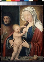 ""The Holy Family"" (聖なる家族) イエスが母親の胸で遊ぶ子供。 Joos van Cleve (Cleef) (circa 1485-1540) による絵画 16 世紀 Dim. 42.5x31.5 cm サンクトペテルブルク。 エルミタージュ美術館
