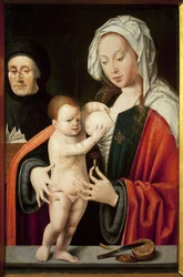 聖母と子供とドナー。ヨース・ファン・クレーヴ（1485-1540）の絵画、木に油彩。フランドル美術 16世紀マルセイユ、グロベ・ラバディ美術館。