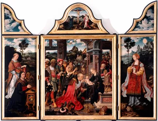 東方三博士の礼拝の三連祭壇画。ヨース・ファン・クレーフェ（子）（1485-1540年）による板絵、1515年。寸法260x200 cm。ジェノヴァ、サン・ドナート教会
