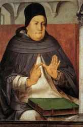 聖トマス・アクィナス（1225-1274）の表現 教会博士 ジュスト・デ・ヘント（ヨース・ファン・ワッセンホーフェ）の木画（1435年頃～1475年頃）（ec.flam.） 15世紀 日の丸。1,14x0,76 m