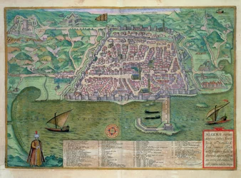 ゲオルク・ブラウン（1541-1622）とフランツ・ホーゲンベルグ（1535-90）による「Civitates Orbis Terrarum」からアルジェの地図、1572年頃（彩色済み彫刻）。