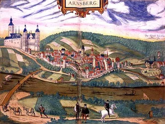 ゲオルク・ブラウン(1541-1622)とフランズ・ホーゲンベルグ(1535-90)による「Civitates Orbis Terrarum」（1572-1617年頃）の形で作られたアーンズベルグの地図（彩色された彫刻版）。